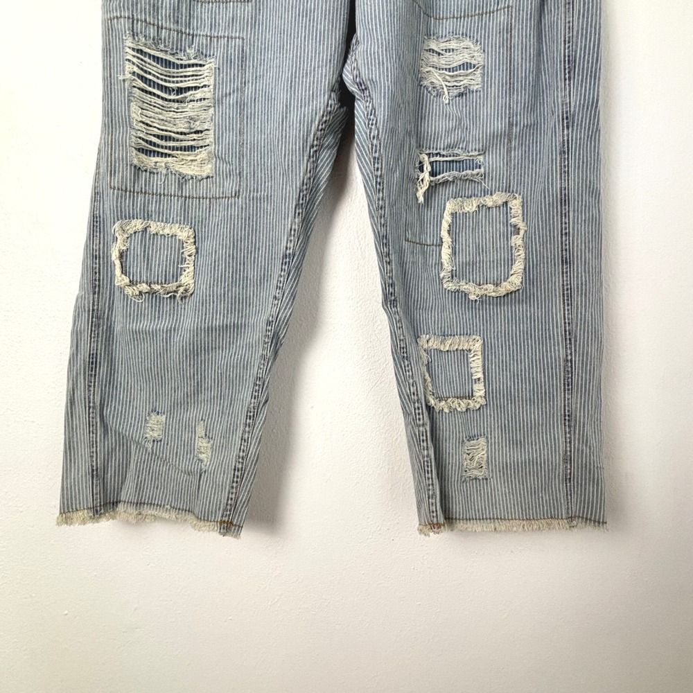 POL Hickory Stripe Distressed Patchwork Wide Leg Relaxed Grunge Denim Pants M - Picture 3 of 11